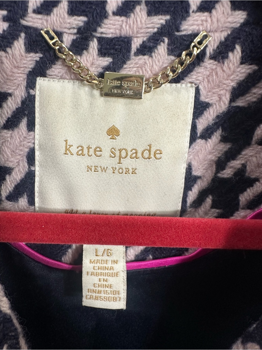 Kate Spade New York Pink & Navy Houndstooth Wool Blend Coat Large - Picture 2 of 9